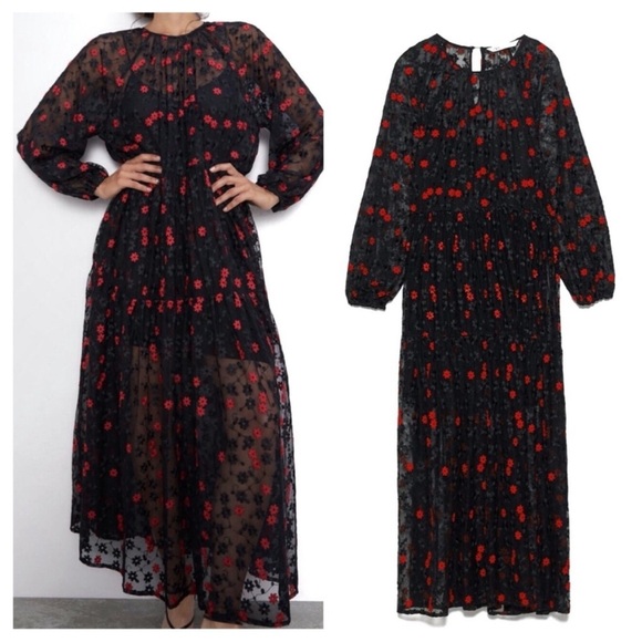 NEW Zara Oversized Floral Embroidered Sheer Dress Black Red Bloggers Favorite - Picture 1 of 13